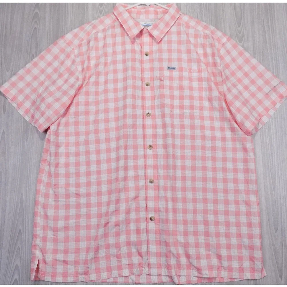Columbia PFG Mens XL Pink Gingham Short Sleeve Fishing Shirt Omni-Shade FM1039 - Picture 1 of 11